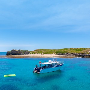 Boat anchored in clear blue sea near a rocky island with green vegetation under a bright sky.