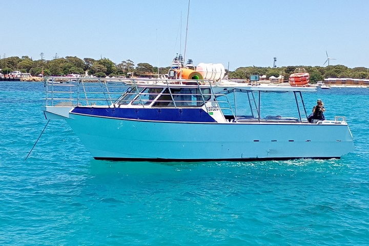 a blue and white boat sitting next to a body of water