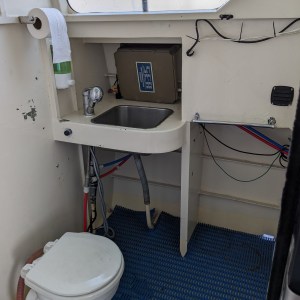 Small boat bathroom with a toilet, sink, and blue floor mat.