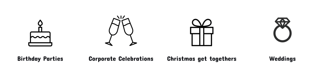 Icons: cake for Birthdays, glasses for Corporate, gift for Christmas, ring for Weddings.